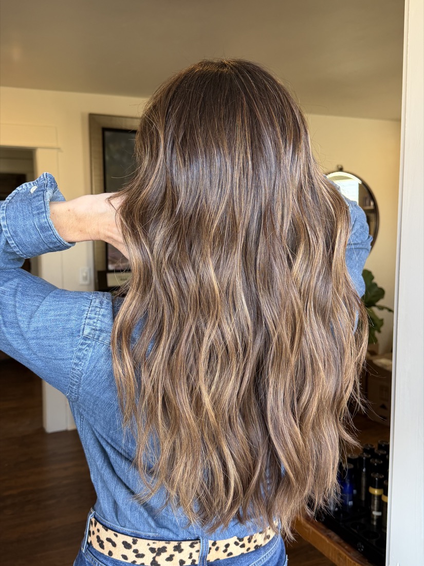 Rich dimensional brunette with caramel ribbons